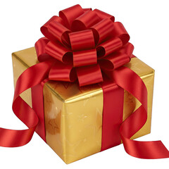 Golden Gift Box with Red Ribbon and Bow Isolated on Transparent Background