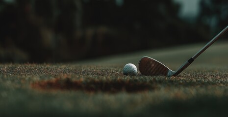 Golf club poised to strike a ball resting on the short-cut grass of a putting green