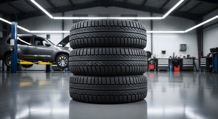Stack of New Winter Car Tires in Auto Repair Shop for Seasonal Tire Change and Vehicle Maintenance Automotive Service Garage Equipment