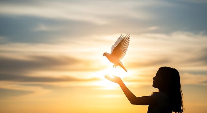 Silhouette of girl releasing white dove at sunset with glowing light bird flying