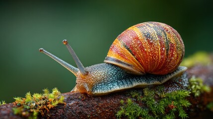 Macro shot of a snail with striped shell, crawling along mossy, textured branch