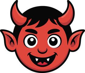 Red devil face vector icon with cheerful expression and small horns isolated on dark background