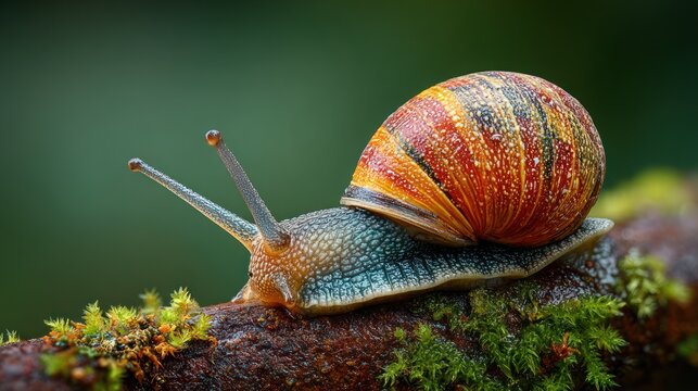 Macro shot of a snail with striped shell, crawling along mossy, textured branch - Powered by Adobe