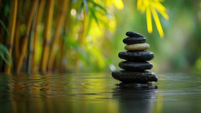 Balanced Stacked Dark Grey Stones Gently Floating on Rippling Water Surface with Soft Yellow Bamboo Grove Background and Natural Soft Light Creating Serene Zen Meditation