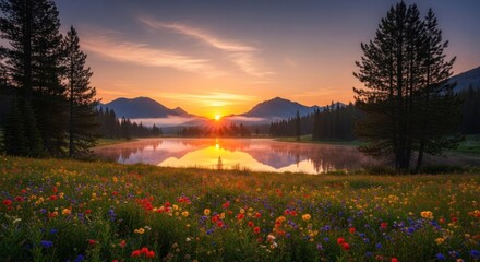 A serene mountain lake at sunset with vibrant wildflowers and a clear sky.