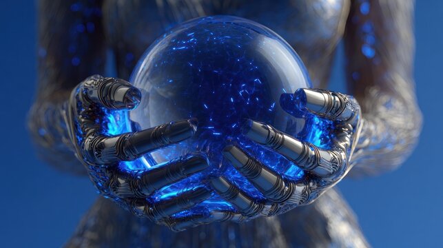 Metallic figure holds glowing blue orb, emitting light, against a blue sky background - Powered by Adobe
