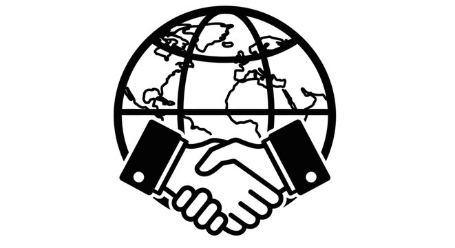 Global partnership handshake over world map