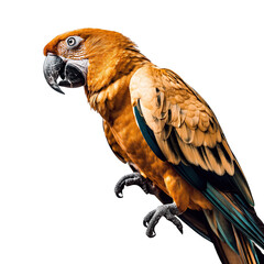 Golden Macaw Parrot Perched with Blue Wing Feathers Detailed Close Up Against Black Background Soft Studio Lighting