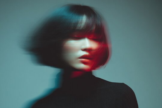 Abstract portrait of woman with bob haircut featuring teal and red motion streak effects