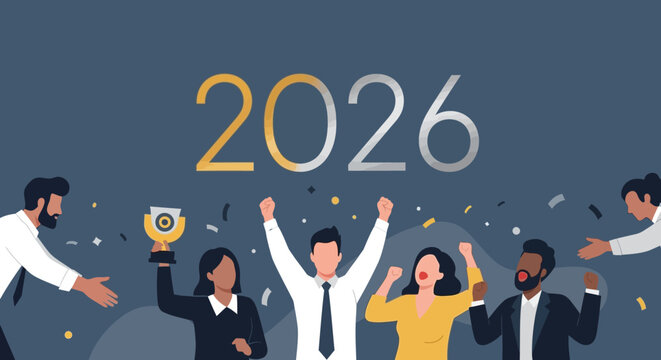 Team celebrating success in 2026 with achievement award