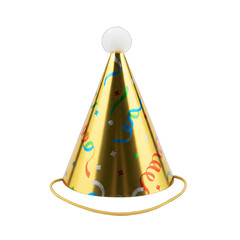 Golden Party Hat with White Pom Pom and Colorful Streamers Isolated on Transparent Background Soft Lighting