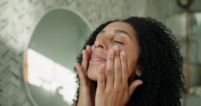 Skincare, facial oil or woman in home with application, hydration or vitamin benefit in soft skin. Dermatology, glow or girl in bathroom with serum massage, collagen or shine in anti aging treatment