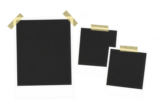 Three polaroid photo frames with tape isolated on transparent background