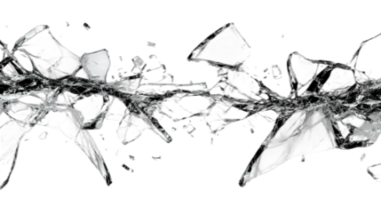 Close-up view of broken glass with sharp shards and fragmented pieces