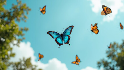 Vibrant butterflies fluttering in clear blue sky, showcasing mix of orange and blue hues, creating serene and enchanting atmosphere