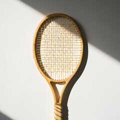 Vintage wooden tennis racket isolated on white background with shadow texture