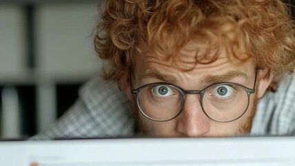 Curious man with curly hair and glasses peeks over a desk in a bright office environment