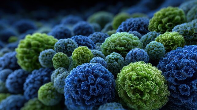Macro photograph of clustered, textured spheres in varying shades of blue and green