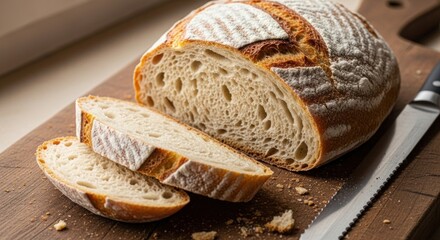 A loaf of artisanal bread on a wooden cutting board with a knife.