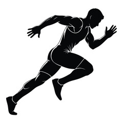 Black silhouette of a male athlete running or sprinting in a dynamic pose isolated on