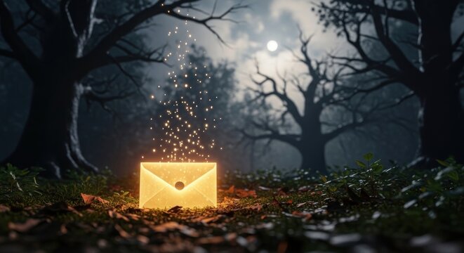 A glowing, magical envelope with sparks in a dark, forested landscape.