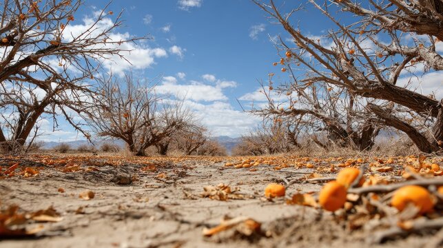 Low-angle shot of a barren orchard with bare trees and fallen fruit under a blue sky - Powered by Adobe