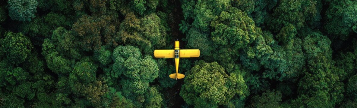 Aerial view of a small yellow plane over a dense green forest