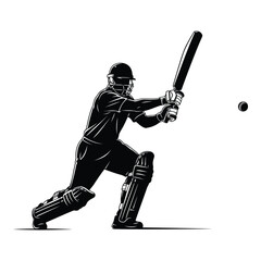 Black silhouette of a cricket player batting with a bat and ball in action isolated on