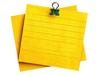 Yellow sticky note lined paper square shape blank office supply isolated realistic paper texture metal binder clip stationery organization