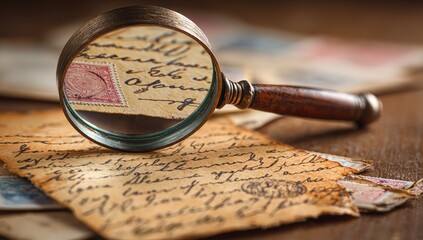 Antique letters under magnifying glass