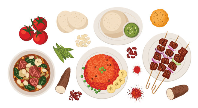 Diverse Collection of West African Cuisine: Jollof Rice, Suya Skewers, Fufu, and More on a White Background