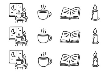 Evening pencil mood vector rest icon stool book cozy candle room cup