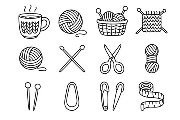 Cozy set mug ink knitting yarn theme icon vector tools icons basket