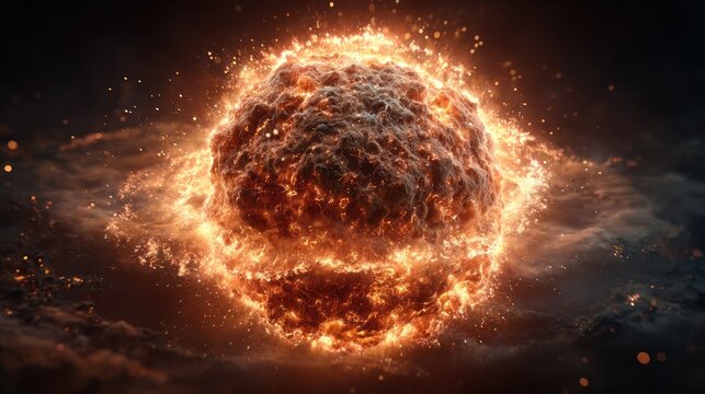 Intense fiery explosion with glowing center, surrounded by swirling energy and dark clouds - Powered by Adobe