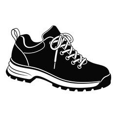 Black and white silhouette of a sturdy hiking boot or walking shoe with laces isolated on