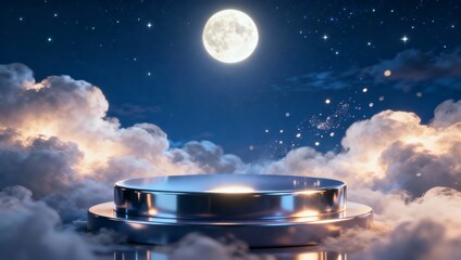 Sleek 3D Product Podium Under Full Moon | Mystical Night Sky Cloud Showcase Mockup