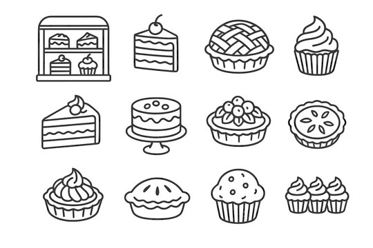 Bakery showcase cupcakes icons patisserie vector cakes collection outline artistic sketch pies