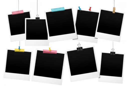 Collection of blank photo frames hanging isolated on transparent background
