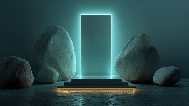 Illuminated portal in dark space with large rocks, glowing edges and stairs