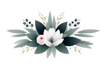 Elegant floral arrangement with white lotus pink ranunculus green leaves and gold accents perfect for wedding invitation greeting card or decorative design conveying calm and romantic mood