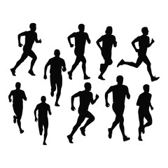 Silhouette collection of ten different runner figures in various running poses isolated on