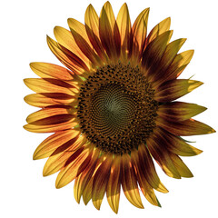 Golden Yellow Sunflower Closeup with Intricate Center Petals and Dark Edges Against Transparent Background