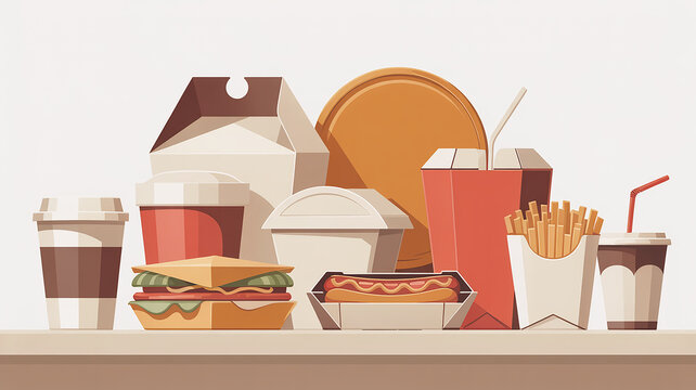 Assorted fast food items including drinks and sides takeaway coffee cups