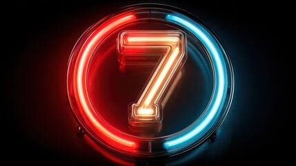 Illuminated number seven in a circle, glowing red and blue neon against a black background