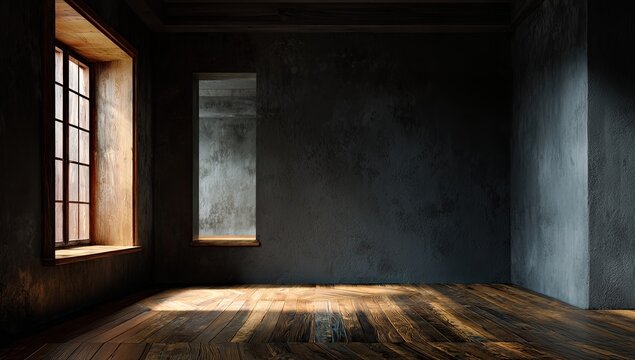 Empty room with dark walls and a wooden floor, bathed in sunlight from a large window