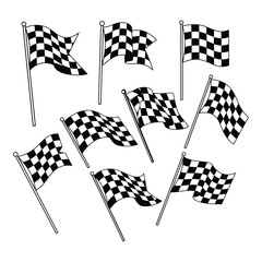 Collection of checkered racing finish line flags waving in the wind isolated on
