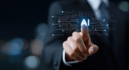 Businessman touching a holographic AI symbol