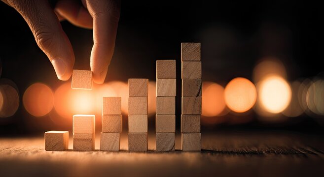 Hand placing wooden blocks creating a graph