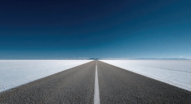 An empty, straight asphalt road stretches into the distance on a vast white plain under a deep blue sky