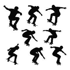 Multiple silhouette figures of skateboarder performing trick and jump action on board isolated on